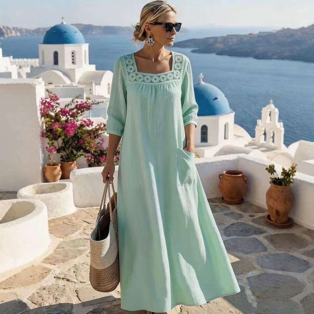 New Style Solid Color Square Neck Lace Patchwork Long Skirt Dress with Seven-Sleeves for Women