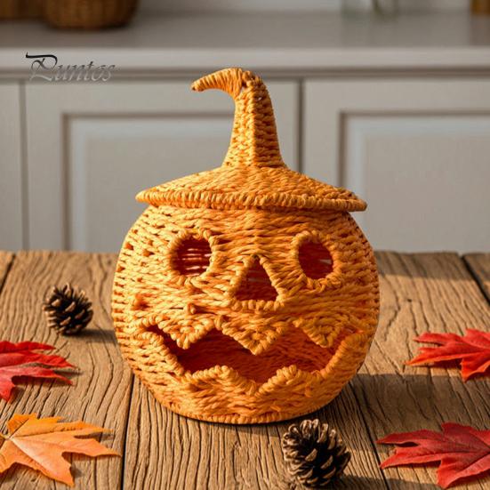 Halloween Candy Holder Handwoven Pumpkin Basket, Spooky Storage Basket with Lid, Vintage Wicker Rustic Seagrass Light Up Lantern LED Candle for Table
