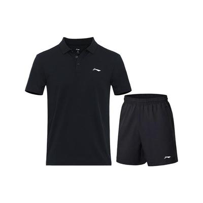 Li Ning Badminton Series Solid Color Polo Shirt And Sports Shorts Casual Set Men Sets Black APLT181-1+AAPT549-1
