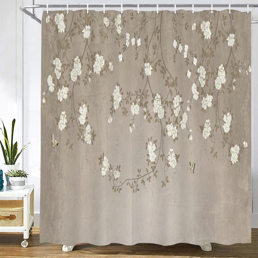 landscape Fabric Shower Curtain Bathroom Curtains Chinese style Ink Scenery Flowers Birds Waterproof Decor Bath Screen with Hook