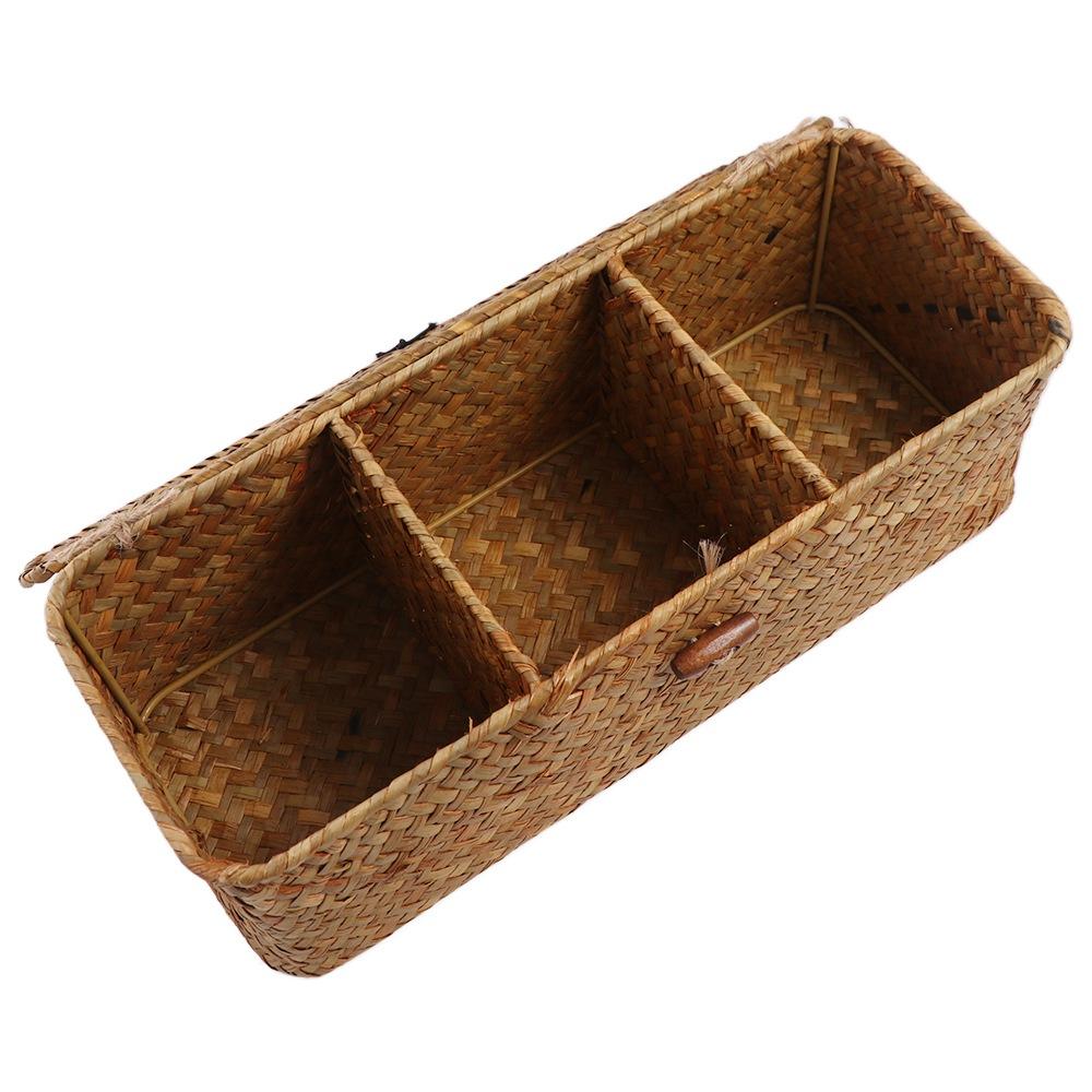 Rectangular 3 Grid Handwoven Storage Basket Dustproof Rattan Divider Storage Box  Wardrobe