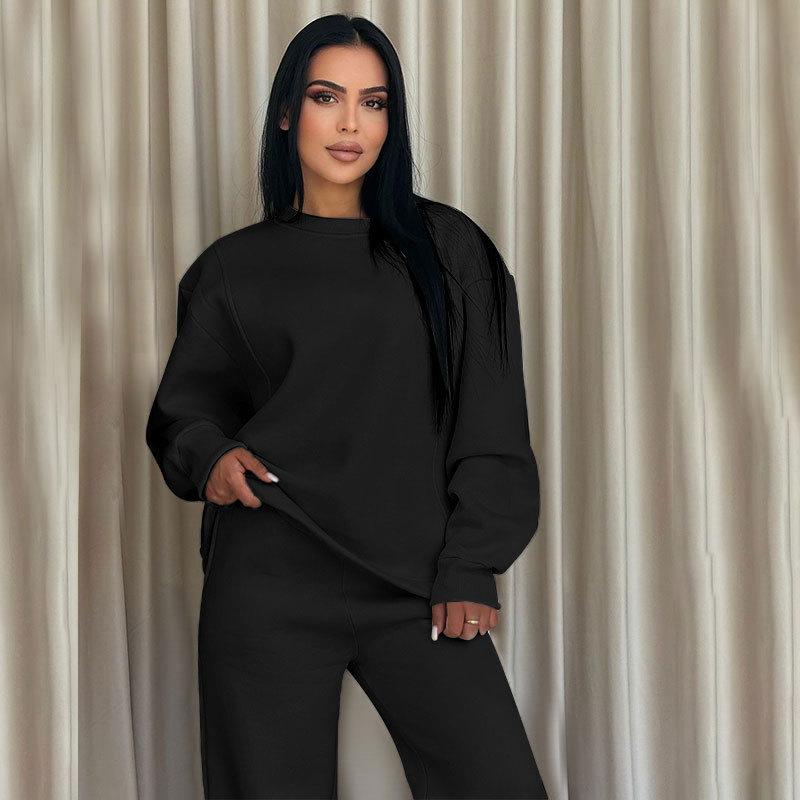 2024 podzim a zima nové jednobarevné kulatý výstřih s dlouhým rukávem volné dámské oblečení módní ležérní sada širokých kalhot