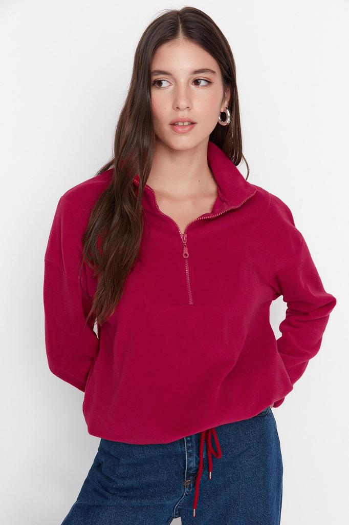 Women's Fashionable Stylish Sweatshirt Emerald Green Zipper Detailed Fleece Knitted Sweatshirt