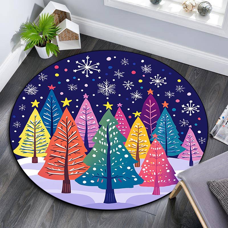 Colorful Trees Snow Winter Round Area Rug,Carpet Rug for Living Room Bedroom Sofa Playroom Decor,Non-slip Floor Mat