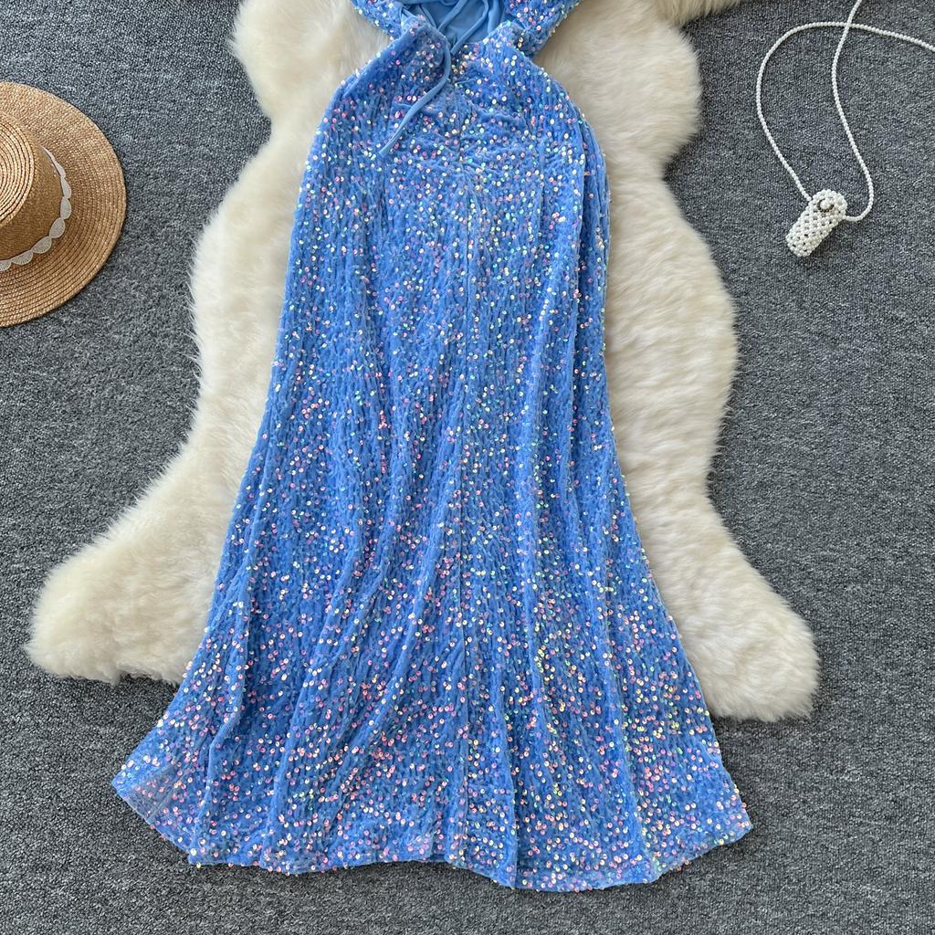 Autumn Winter Women Sexy Spaghetti Strap Open Back Evening Party Dress Sequined Long Maxi Mermaid Christmas Dresses