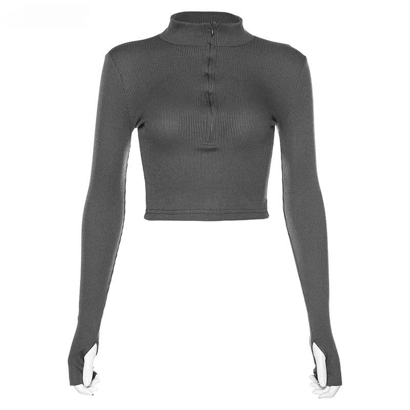 

Повседневная одежда Y2k, укороченный топ с длинным рукавом, женские корейские модные ребристые вязаные футболки на молнии, винтажные уличные топы, футболки S серый
