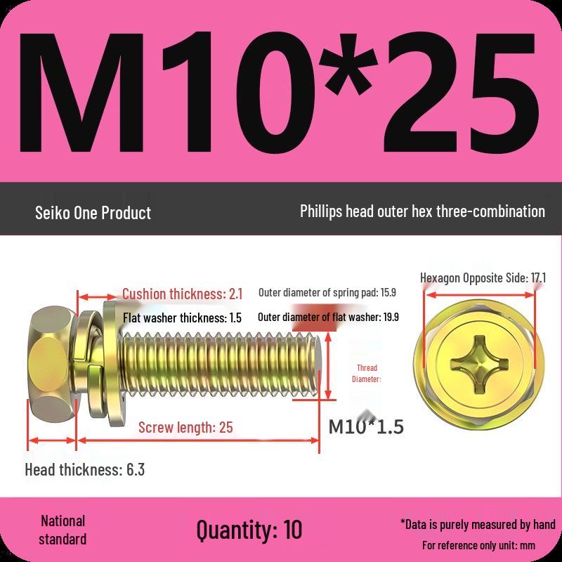 Concave Head Hexagon Combination Bolt Set with Spring Washer and Gasket - 3 Pieces