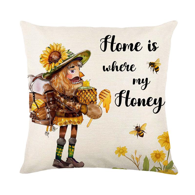 Bee Day Pillow Cover Living Room Sofa Cushion Cover Linen Printed Bedroom Pillow Cover Plants and Flowers