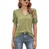 Summer Women's Casual V-Neck Solid Color Puff Sleeve Loose T-Shirt Top for Women European & American Crossborder Apparel