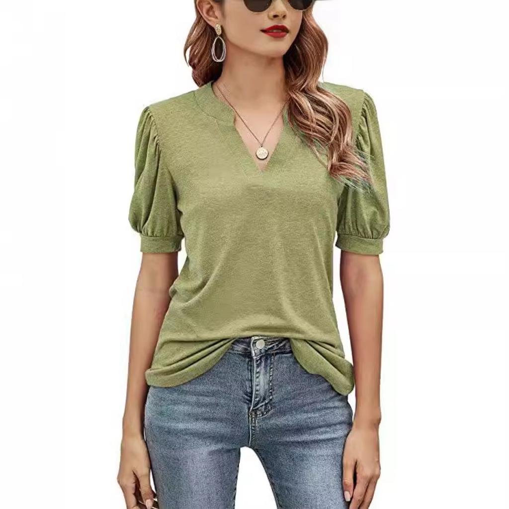 Summer Women's Casual V-Neck Solid Color Puff Sleeve Loose T-Shirt Top for Women European & American Crossborder Apparel