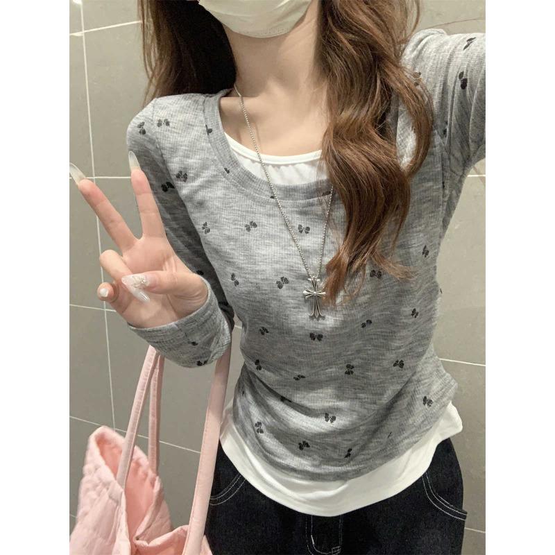 

Age reduction pure desire style fake two-piece butterfly print collar long-sleeved bottoming shirt women s autumn pleated waist inner top XL серый