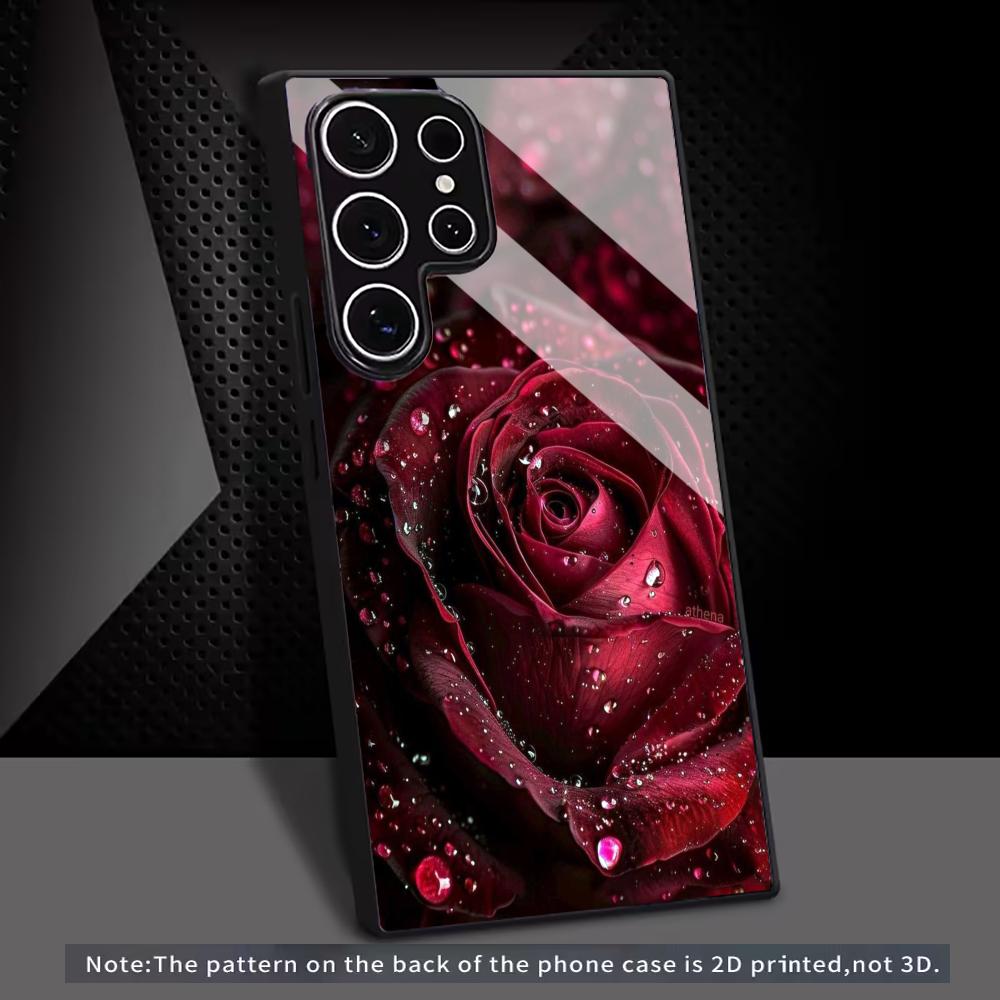 Red Rose Flower Glass Phone Case For Samsung Galaxy S26 S25 S24 S22 S23 Ultra S21 S20 Plus 5G Frosted Non-Slip Full Cover