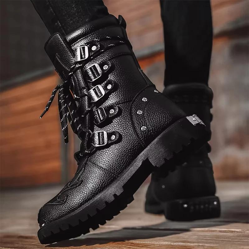 Men'S Motorcycle Boots Outdoor Boots Four Season Fashion Cycling Shoes High Top Mens Casual Boot Pu Leather Boots Plus Size 46