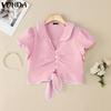 Women Lapel Collar Short Sleeve Twisted Lace Hem Casual Cropped Blouse