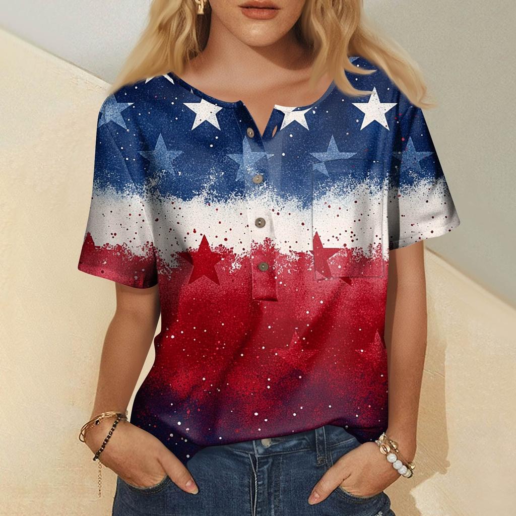 Modna damska bluzka z krótkim rękawem i nadrukiem, okrągłym dekoltem