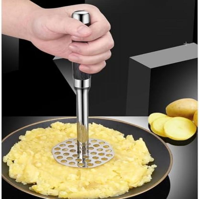 Stainless Steel Potato Masher with Long Wooden Handle, Multi-Purpose Fruit Crusher for Easy Mashing of Various Foods
