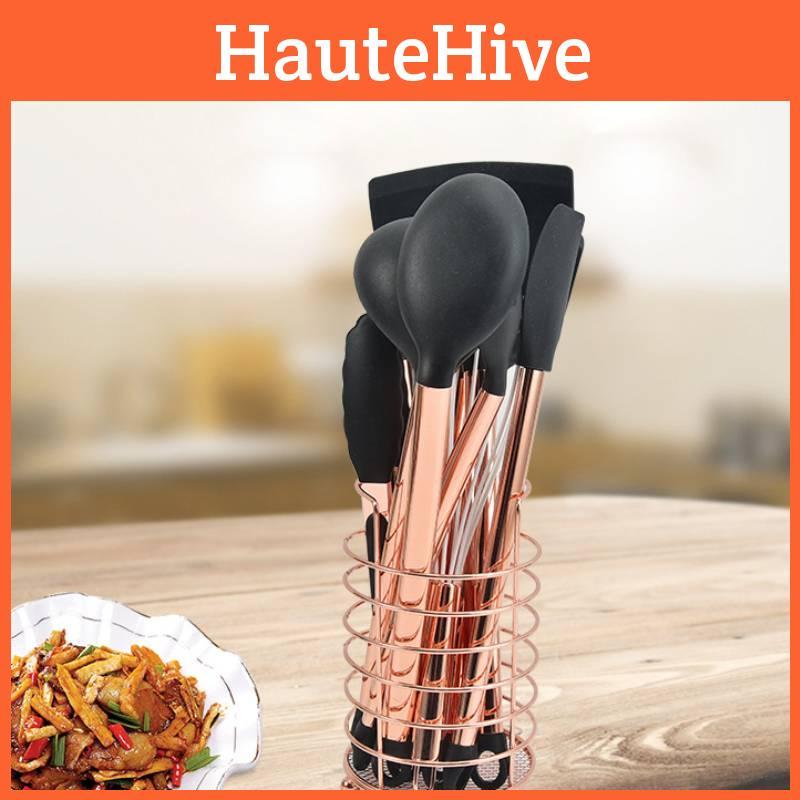 Mångsidigt Svart Silikon och Rostfritt Stål Köksredskapsset Tolvdelat Non-stick Matlagningsnödvändigheter
