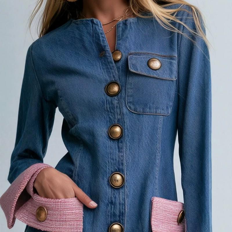 Elegant Vintage Tweed Trim Gold Button Split Denim Midi Dress
