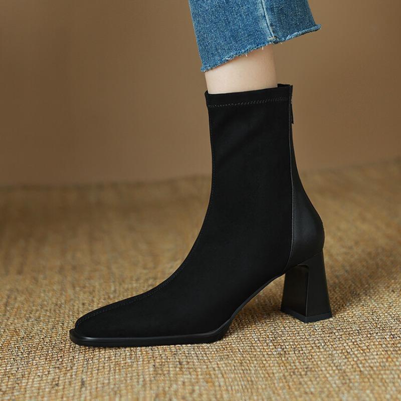 Autumn Winter Square Toe Women High Heel Ankle Boots Fashion Stripper Party Shoes Female Vintage Stretch Slim Short Booties