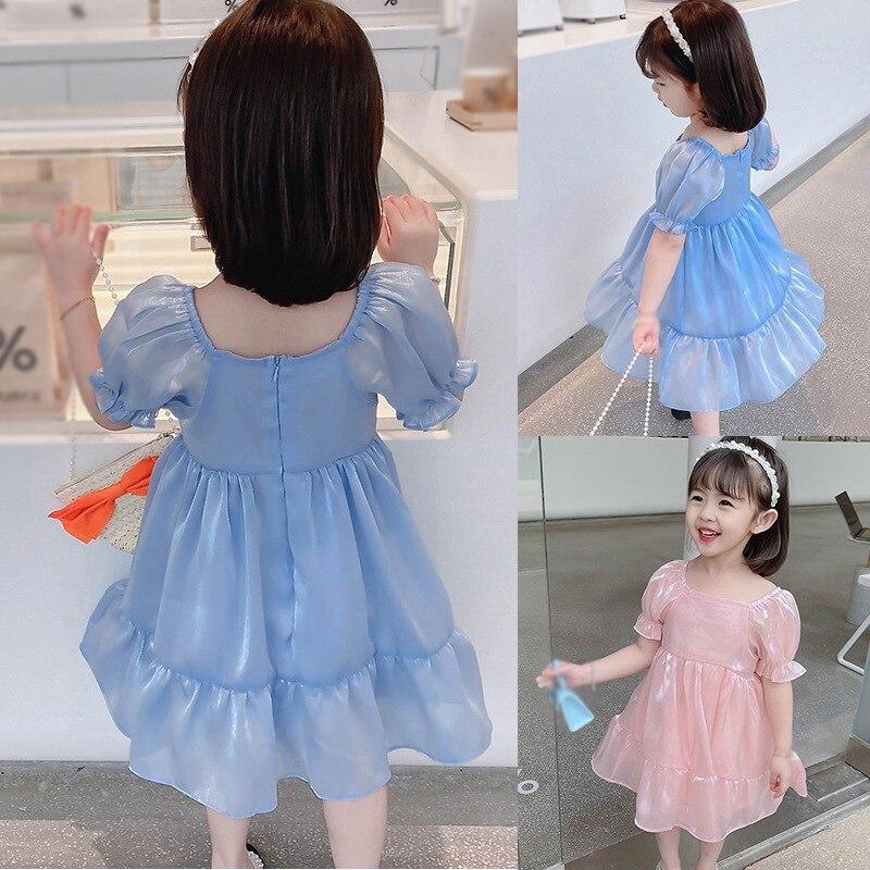 Summer Girls Pure Color Square Neck Puff Sleeve Princess Dress