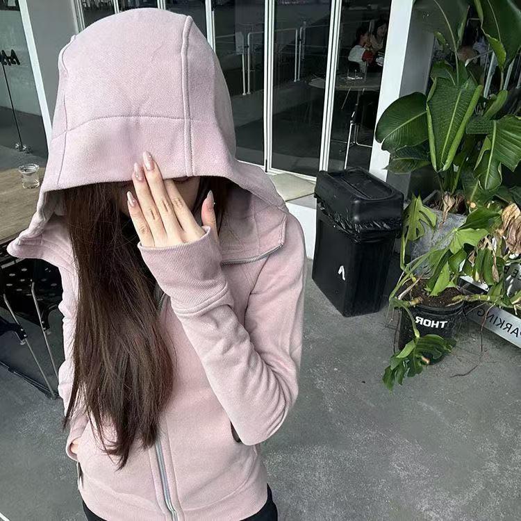 Women's Cotton Blend Fitted Zip-Up Hooded Sweatshirt - Stylish Autumn Cardigan for Yoga & Sports