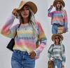 Autumn and Winter Pullover Striped Round Neck European and American New Knitted Sweater Loose Large Size Rainbow Sweater Women