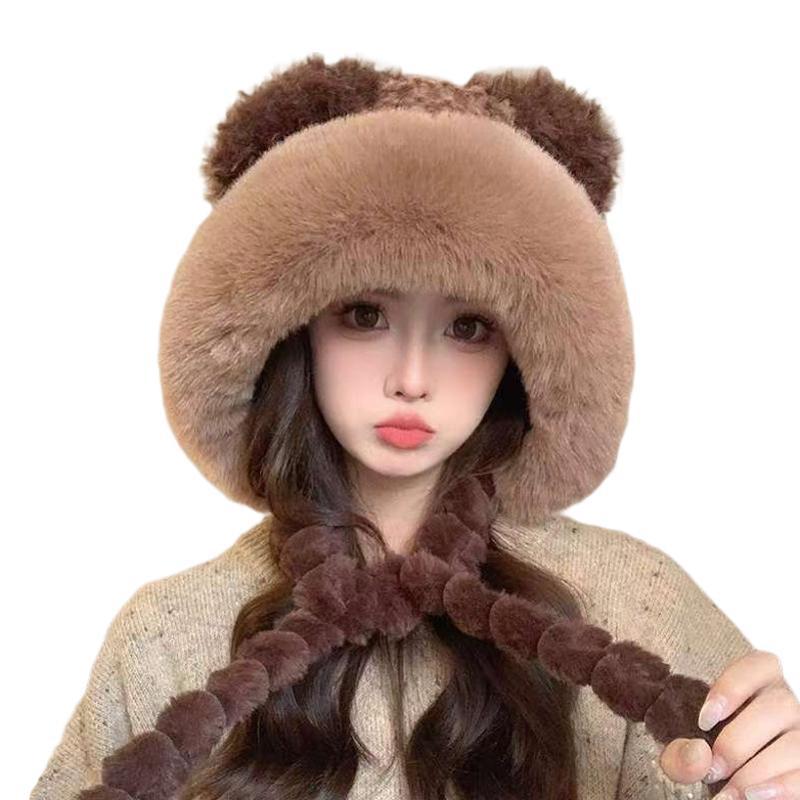 Women's Faux Fur Plush Hat with Braided Ears - Winter Warmth & Cold-Proof Protection