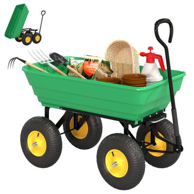 Tuinwagen met Kantelfunctie, tot 200 kg, Handkar met 75 Liter Kunststof Bak, Trekhendel, Luchtbanden, Donkergroen