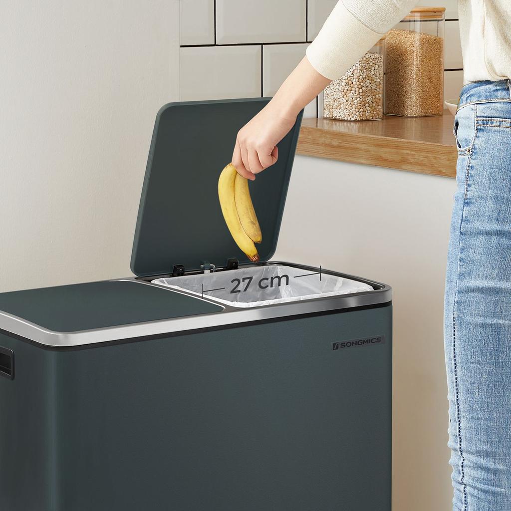 SONGMICS Double Rubbish Bin, 2 x 30 L Dual Compartment Kitchen Bin with 15 Rubbish Bags, Metal Pedal Bin with Plastic Inner Buckets and Lids