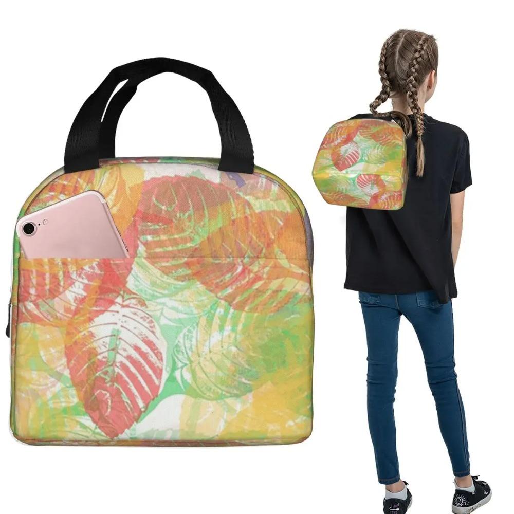 Colorful Leaves Leaf Vein Pattern Insulated Lunch Bag for Women Children Portable Food Boxes Thermal Lunch Box Tote