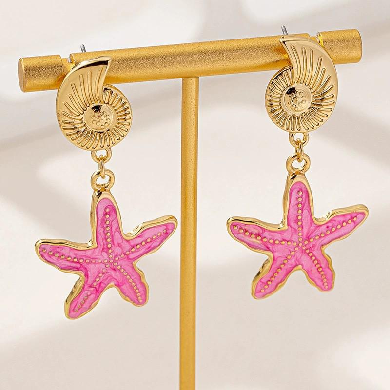 Ocean Starfish & Seashell Beach Earrings: European-American Childlike Metal Fashion