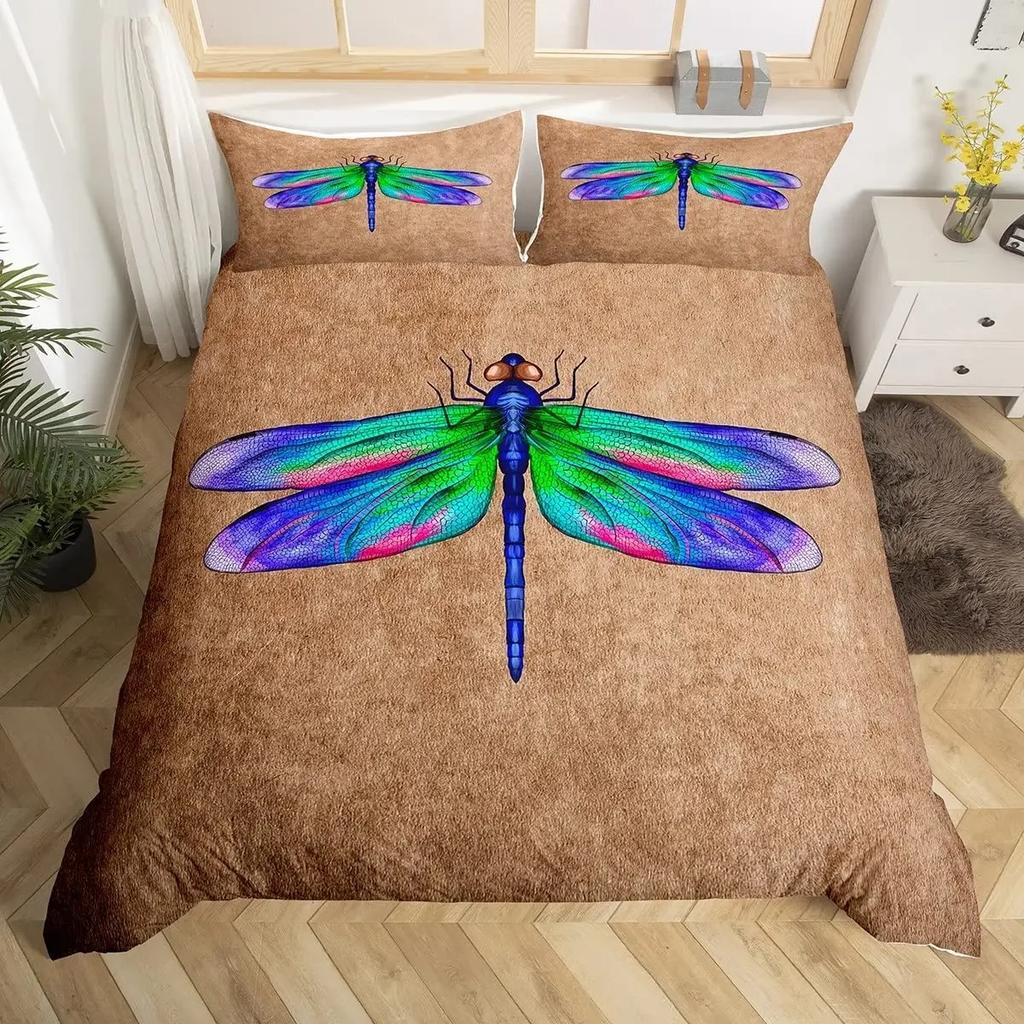 Boho Dragonfly King Queen Duvet Cover Cute Flower Love Heart Bedding Set Watercolor Floral Rustic Style Polyester Quilt Cover