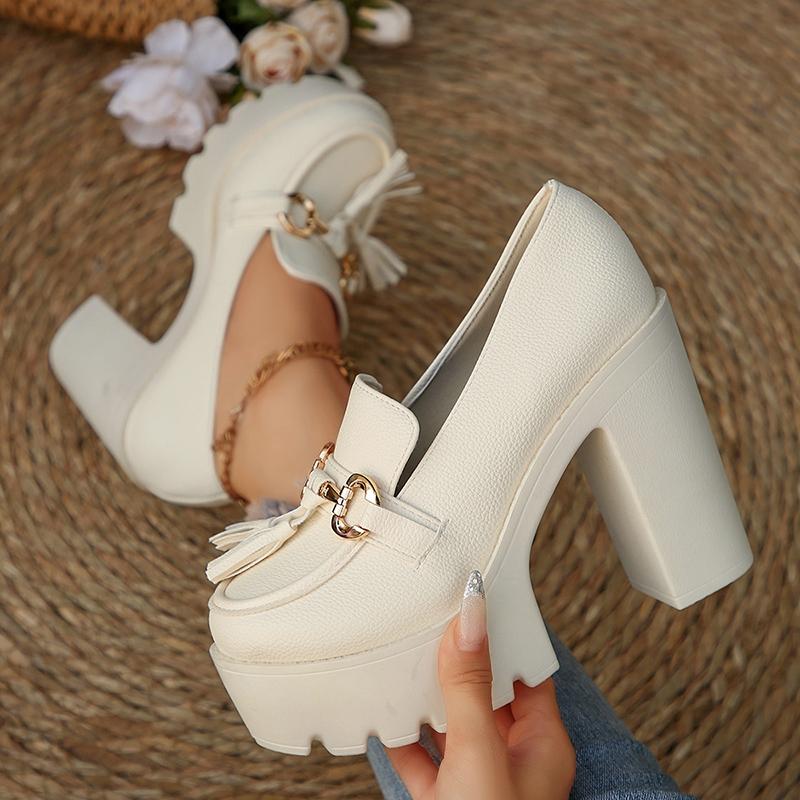 Fashion Fashion Tassel Metal Decor Super High Heels Shoes for Women 2025 New Slip On Chunky Platform Pumps Woman Gold Silver Party Shoes