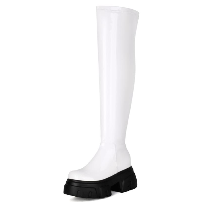 Platformové dámské kozačky nad koleno 2025 Nové punkové podpatky Kozačky nad koleno Černá Červená Bílá Dlouhá obuv Boty Dámské Velká velikost