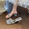 2025 summer new fashion transparent crystal and one-word temperament rhinestone versatile fashion high-heeled cool slippers