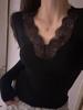Women's Autumn/Winter Apricot Lace Trim Slim-Fit V-Neck T-Shirt