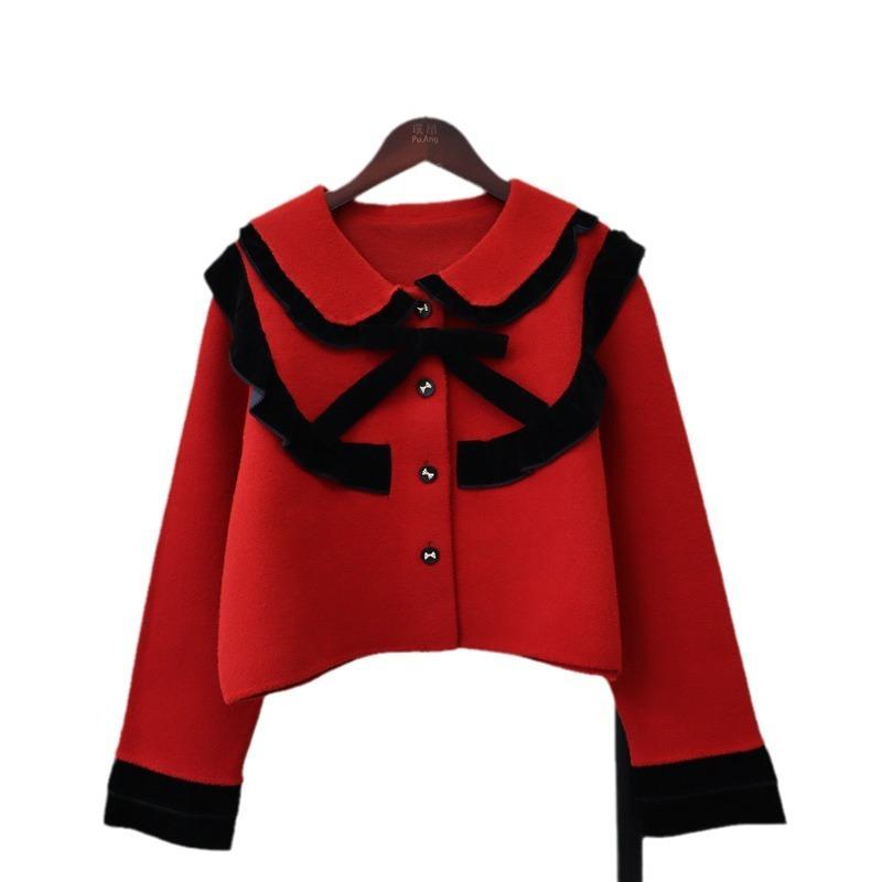 Autumn and winter new small short knitted double-sided cardigan design sense niche contrasting color sweater jacket women