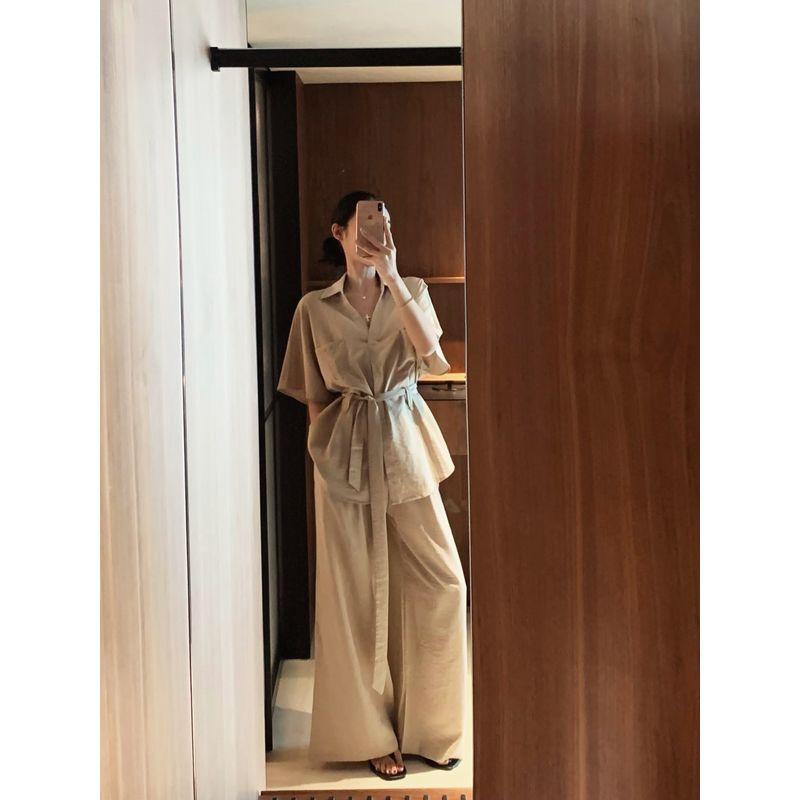 Kumikumi Fashion White Suit Short Sleeve Shirt Women Fall High Waist Slim Looking All-Matching Casual Trousers Two-piece Set