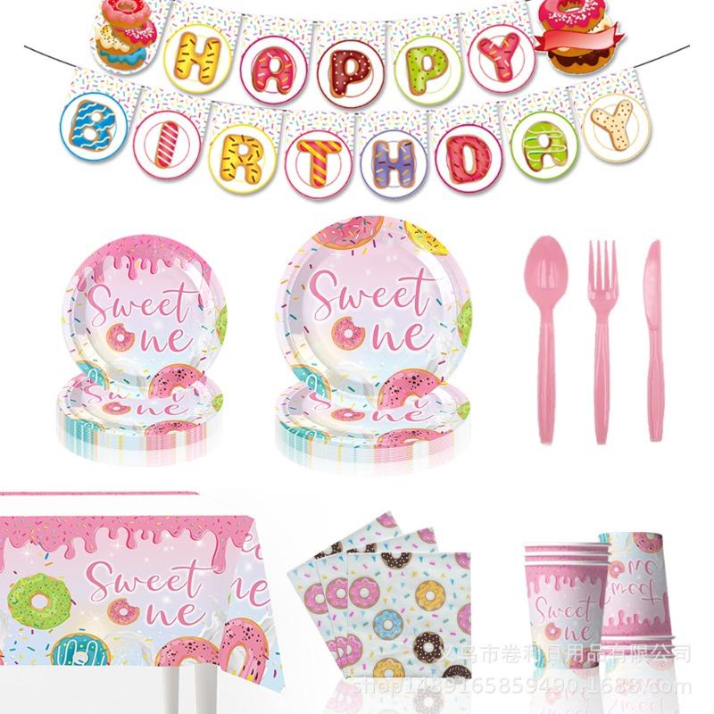 New Donuts Party Supplies Birthday Decorations Cutlery Paper Plates Tissue Tablecloths Banners Party Supplies
