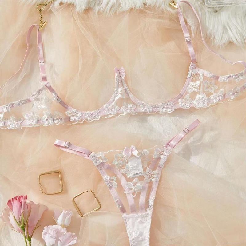 

New hair delivery floral embroidered mesh bra and panties sexy underwear set pink and sweet S розовый
