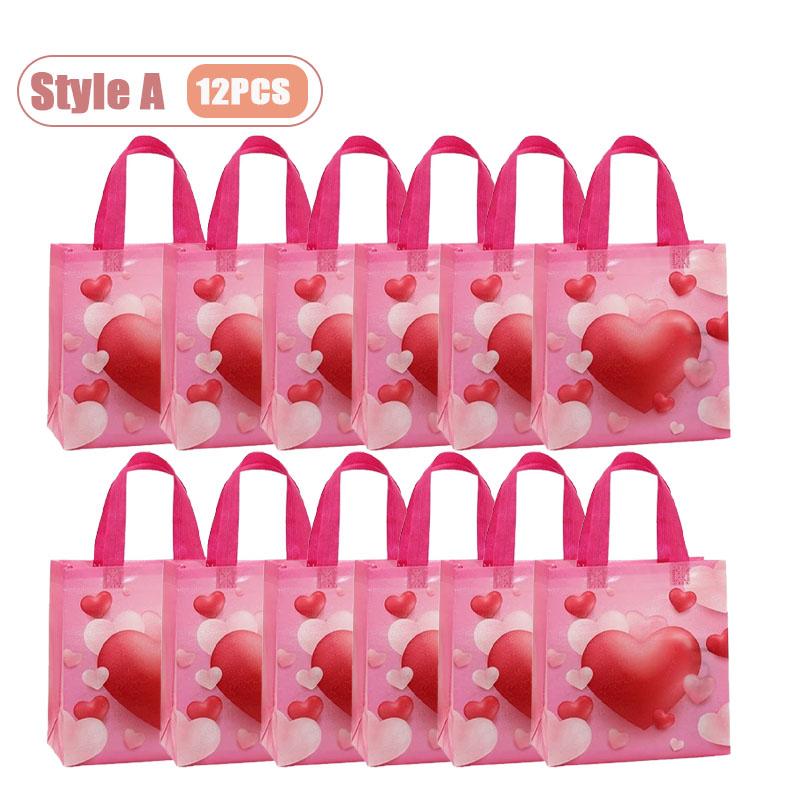 12-24PCS Reusable Valentines Gift Bag Non Woven Fabric Pink Heart  Handle Tote Foldable for Party Wedding Birthday Packaging