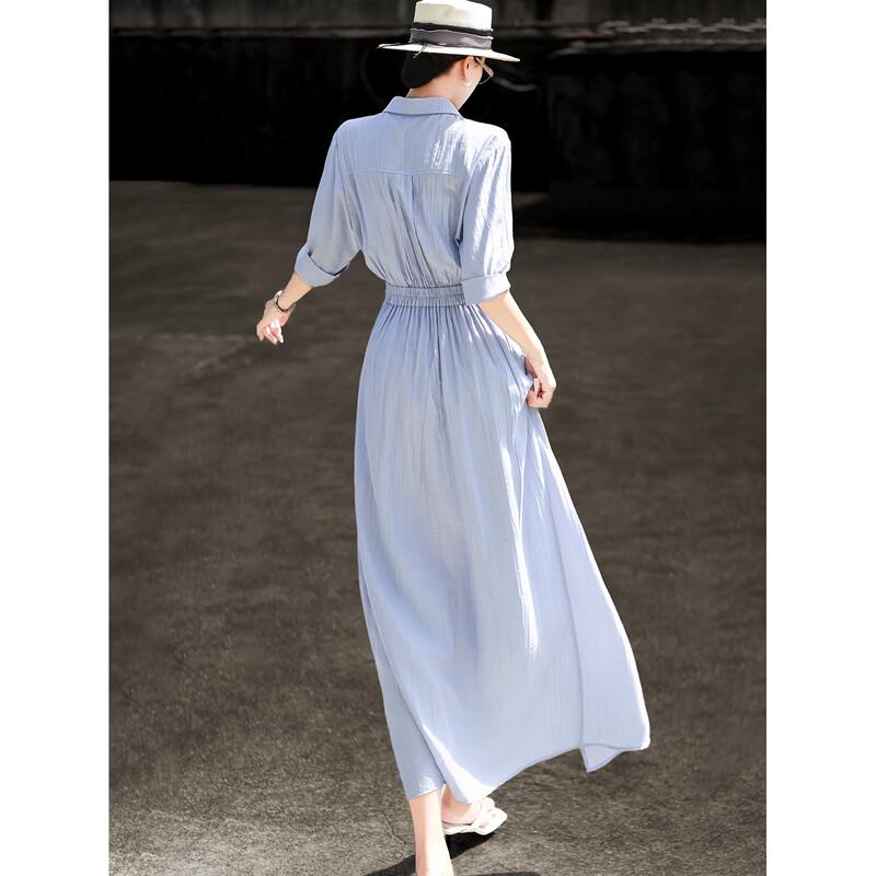 Lanse'er Women's High-Waist A-Line Slit Shirt Dress