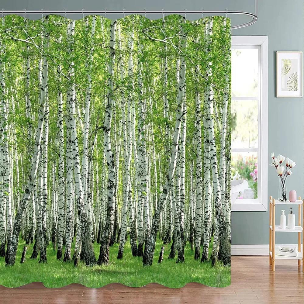 Woodland Shower Curtain Birch Trees In The Forest Natural Outdoor Scenery Polyester Fabric Bath Curtains Bathroom Decoration