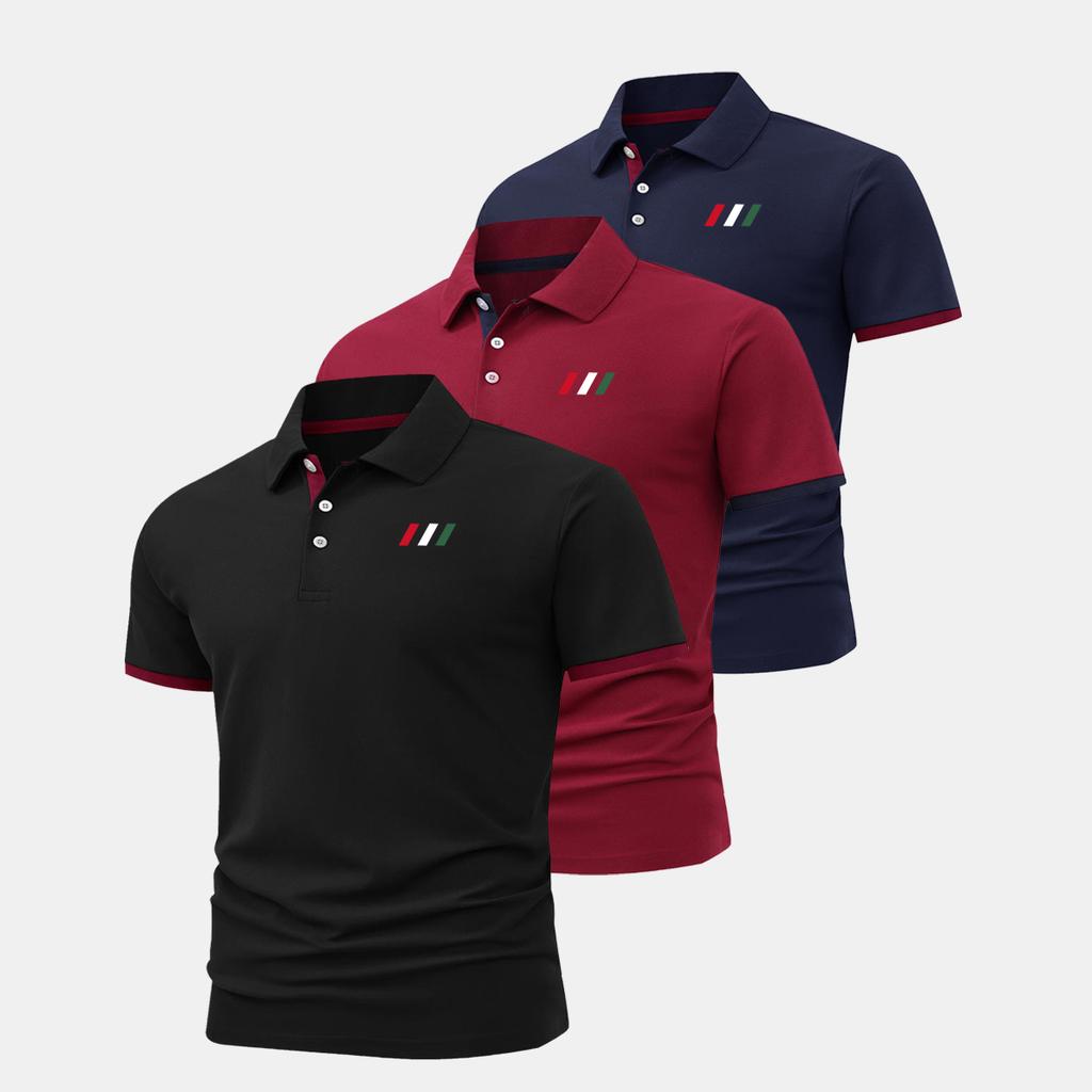 Men's Red, White, and Green Herringbone Print Color-Blocked Cuffs 3-Piece Polo Shirt Set - Casual Short-Sleeve Shirt with Moisture-Wicking Properties