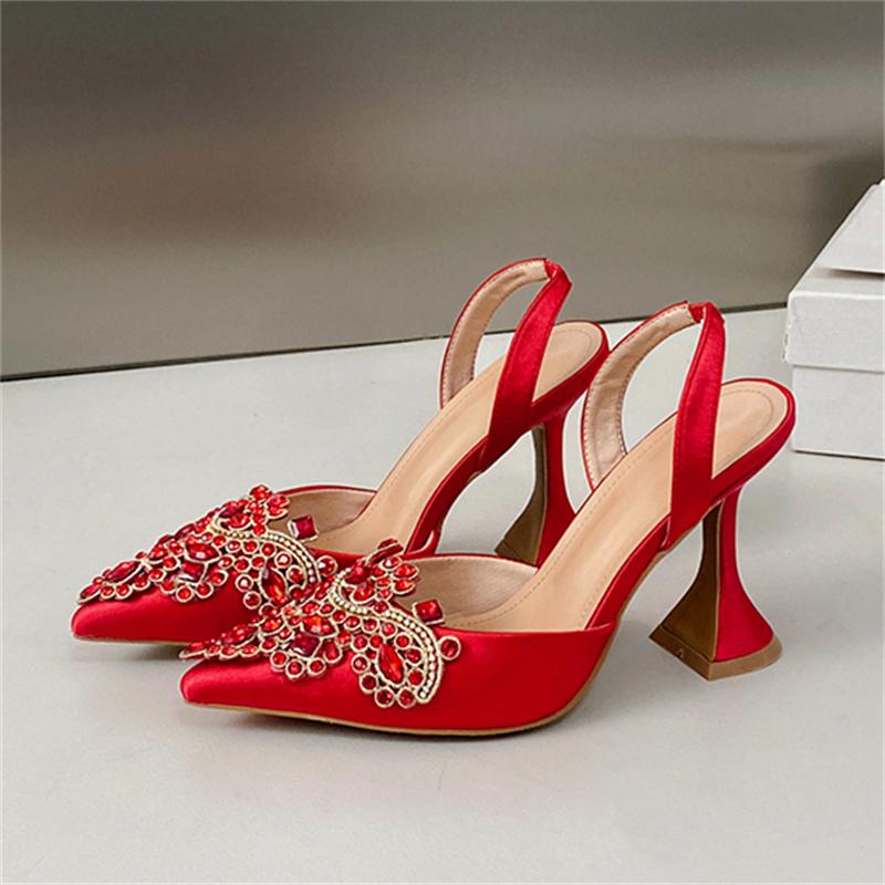 Весенние хрустальные туфли-слингбэки с бриллиантами для женщин модные туфли на высоком каблуке с острым носком элегантные свадебные туфли Zapatos De Mujer 35 красный 3280₽