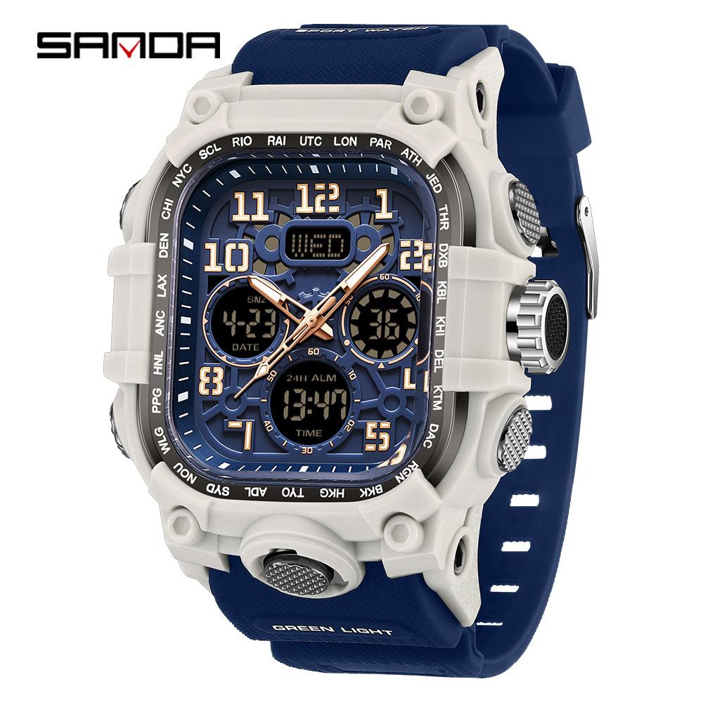 SANDA Men's Outdoor Sport Wristwatch Big Dial Dual Display Luminous Waterproof TPU Band Chronograph Calendar Male Watch
