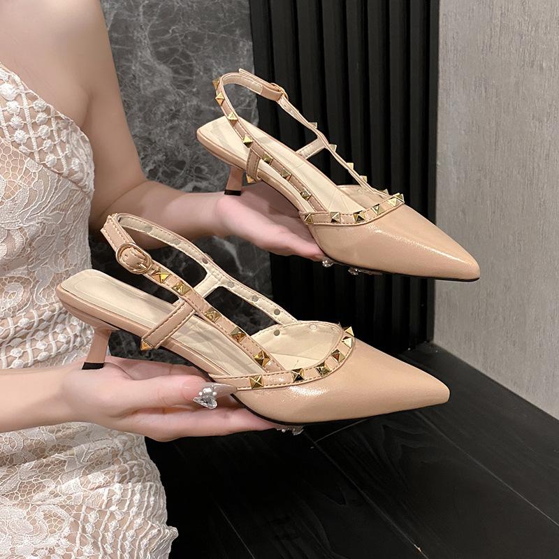 Baotou Sandals Women's Middle Heel Summer New Patent Leather Pointed Head Rivets Thin Heel Single Shoes One-word Buckle with Empty High Heels