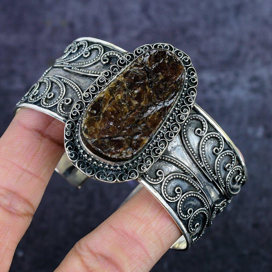 Natural Garnet Rough Gemstone 925 Sterling Silver Cuff Bangle Adjustable ETC-14502