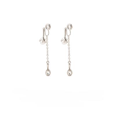 Silver Metal Imitation Pearl Earrings Luxury Chain Long Mosquito Coil No Piercing Ear Clip Female