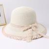 Solid Color Straw Hat for Women Fashion Lace Bow Wide Brim Travel Beach Sunshade Fisherman Cap Girls Outdoor Dome Basin Hat